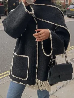 Best Women's Winter Coat Outdoor Street Daily Wear Fall Winter Regular Coat Regular Fit Thermal Warm Breathable Stylish Casual Jacket Long Sleeve Plain Tassel Fringe with Pockets Black White Khaki Women Coats & Trench Coats