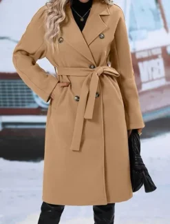Discount Women's Winter Coat Outdoor Street Daily Fall Winter Regular Coat Regular Fit Warm Breathable Comtemporary Stylish Jacket Long Sleeve Solid Color with Pockets With Belt Black Red Khaki Women Coats & Trench Coats
