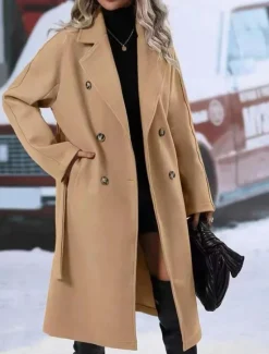 Discount Women's Winter Coat Outdoor Street Daily Fall Winter Regular Coat Regular Fit Warm Breathable Comtemporary Stylish Jacket Long Sleeve Solid Color with Pockets With Belt Black Red Khaki Women Coats & Trench Coats