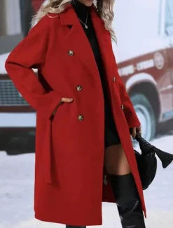 Discount Women's Winter Coat Outdoor Street Daily Fall Winter Regular Coat Regular Fit Warm Breathable Comtemporary Stylish Jacket Long Sleeve Solid Color with Pockets With Belt Black Red Khaki Women Coats & Trench Coats