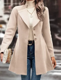 Women's Winter Coat Outdoor Street Daily Wear Fall Winter Regular Coat Regular Fit Thermal Warm Breathable Stylish Casual Jacket Long Sleeve Plain with Pockets Black Apricot Coffee Women Coats & Trench Coats