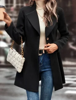 Women's Winter Coat Outdoor Street Daily Wear Fall Winter Regular Coat Regular Fit Thermal Warm Breathable Stylish Casual Jacket Long Sleeve Plain with Pockets Black Apricot Coffee Women Coats & Trench Coats