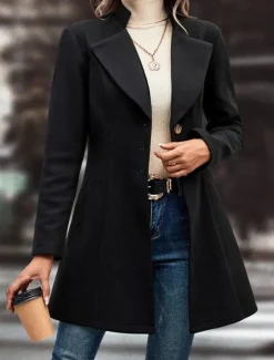 Women's Winter Coat Outdoor Street Daily Wear Fall Winter Regular Coat Regular Fit Thermal Warm Breathable Stylish Casual Jacket Long Sleeve Plain with Pockets Black Apricot Coffee Women Coats & Trench Coats