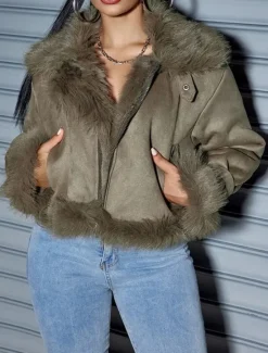 Outlet Women's Winter Coat Outdoor Street Daily Wear Fall Winter Short Coat Regular Fit Thermal Warm Breathable Stylish Casual Jacket Long Sleeve Plain Faux Fur Trim Women Furs & Leathers