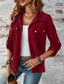 Hot Women's Winter Coat Outdoor Street Daily Wear Fall Winter Short Coat Regular Fit Thermal Warm Breathable Stylish Casual Jacket Long Sleeve Plain with Pockets Full Zip Black Wine Women Jackets