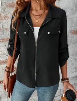 Hot Women's Winter Coat Outdoor Street Daily Wear Fall Winter Short Coat Regular Fit Thermal Warm Breathable Stylish Casual Jacket Long Sleeve Plain with Pockets Full Zip Black Wine Women Jackets