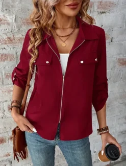 Hot Women's Winter Coat Outdoor Street Daily Wear Fall Winter Short Coat Regular Fit Thermal Warm Breathable Stylish Casual Jacket Long Sleeve Plain with Pockets Full Zip Black Wine Women Jackets