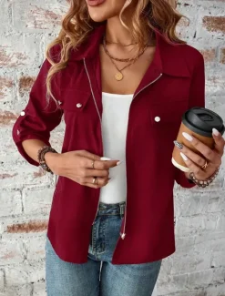 Hot Women's Winter Coat Outdoor Street Daily Wear Fall Winter Short Coat Regular Fit Thermal Warm Breathable Stylish Casual Jacket Long Sleeve Plain with Pockets Full Zip Black Wine Women Jackets