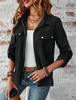 Hot Women's Winter Coat Outdoor Street Daily Wear Fall Winter Short Coat Regular Fit Thermal Warm Breathable Stylish Casual Jacket Long Sleeve Plain with Pockets Full Zip Black Wine Women Jackets