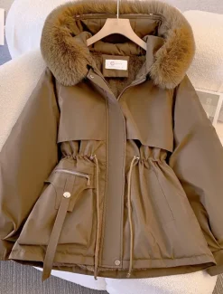 Women's Winter Coat Puffer Jacket Hoodie Jacket Windproof Warm Pocket with Pockets Fur Collar Fashion Street Style Solid Color Vacation Street Daily Wear Going out Zipper Regular Hoodie Regular Fit Women Puffers & Parka