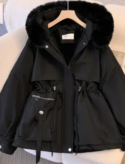 Women's Winter Coat Puffer Jacket Hoodie Jacket Windproof Warm Pocket with Pockets Fur Collar Fashion Street Style Solid Color Vacation Street Daily Wear Going out Zipper Regular Hoodie Regular Fit Women Puffers & Parka