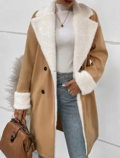 Discount Women's Winter Coat Teddy Coat Windproof Warm Buttons Fur Collar Elegant Outdoor Solid Color Work Casual Double Breasted Turndown Loose Fit Long Sleeve Outerwear Fall Winter Women Fleece-Lined Jackets