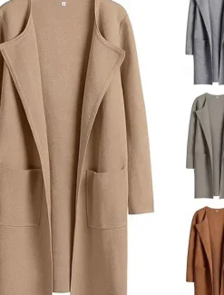 Discount Women's Winter Coat Warm Breathable Pocket Casual Plain Vacation Street Daily Wear Going out Open Front Long Turndown Regular Fit Long Sleeve Outerwear Black Brown Khaki Fall Winter Women Coats & Trench Coats