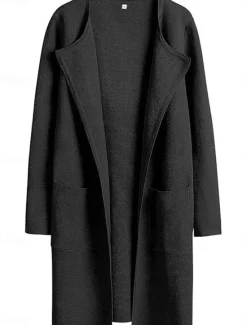 Discount Women's Winter Coat Warm Breathable Pocket Casual Plain Vacation Street Daily Wear Going out Open Front Long Turndown Regular Fit Long Sleeve Outerwear Black Brown Khaki Fall Winter Women Coats & Trench Coats