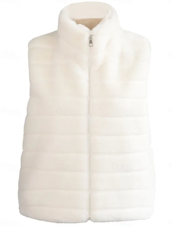 Sale Women's Winter Coat Warm Breathable Patchwork Fashion Simple Solid Color Office Street Zipper Stand Collar Regular Fit Sleeveless Outerwear Black White Fall Winter Women Furs & Leathers
