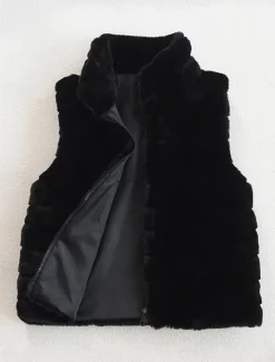 Sale Women's Winter Coat Warm Breathable Patchwork Fashion Simple Solid Color Office Street Zipper Stand Collar Regular Fit Sleeveless Outerwear Black White Fall Winter Women Furs & Leathers