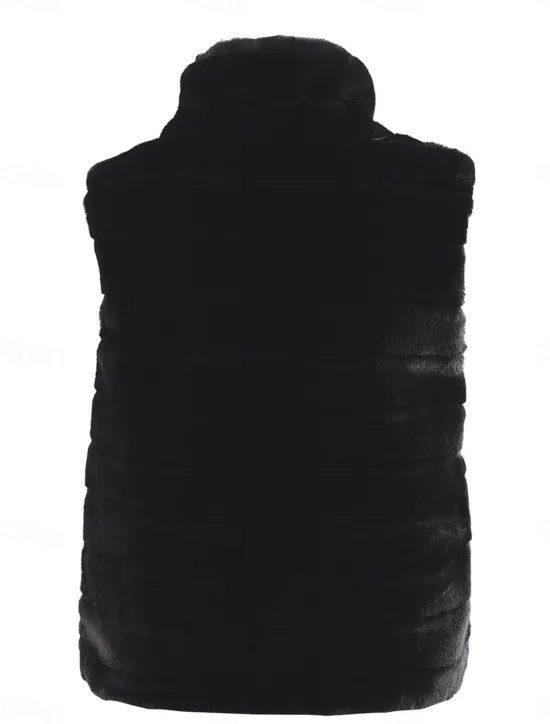 Sale Women's Winter Coat Warm Breathable Patchwork Fashion Simple Solid Color Office Street Zipper Stand Collar Regular Fit Sleeveless Outerwear Black White Fall Winter Women Furs & Leathers