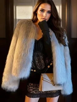 Discount Women's Winter Coat Warm Breathable Patchwork Elegant Fashion Solid Color Party Cardigan Crewneck Regular Fit Long Sleeve Outerwear Black White Khaki Fall Winter Women Furs & Leathers