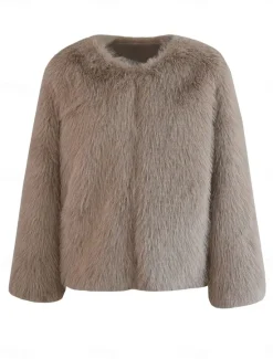 Discount Women's Winter Coat Warm Breathable Patchwork Elegant Fashion Solid Color Party Cardigan Crewneck Regular Fit Long Sleeve Outerwear Black White Khaki Fall Winter Women Furs & Leathers