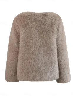 Discount Women's Winter Coat Warm Breathable Patchwork Elegant Fashion Solid Color Party Cardigan Crewneck Regular Fit Long Sleeve Outerwear Black White Khaki Fall Winter Women Furs & Leathers