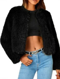 Discount Women's Winter Coat Warm Breathable Patchwork Elegant Fashion Solid Color Party Cardigan Crewneck Regular Fit Long Sleeve Outerwear Black White Khaki Fall Winter Women Furs & Leathers