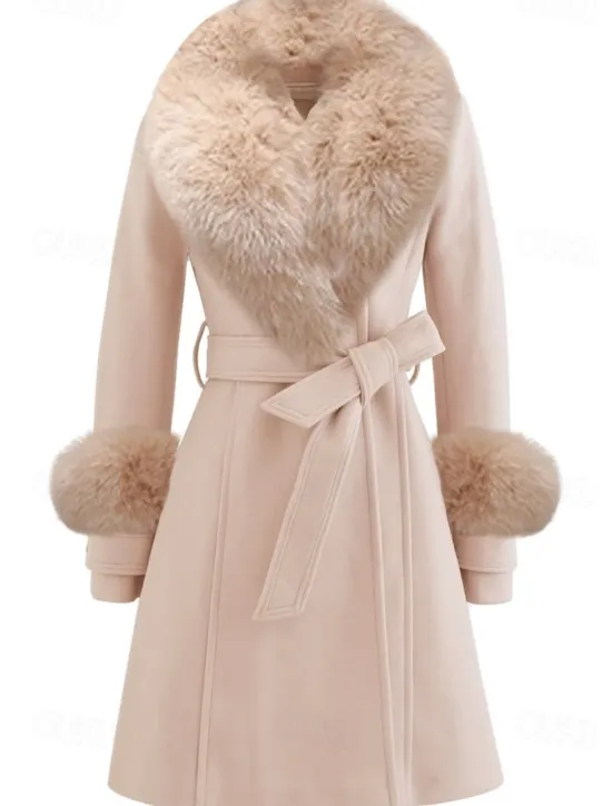 New Women's Winter Coat Warm Comfortable With Belt Fur Collar Elegant Fashion Modern Street Style Solid Color Vacation Street Casual Daily Weekend Open Front Long Lapel Regular Fit Long Sleeve Outerwear Women Coats & Trench Coats