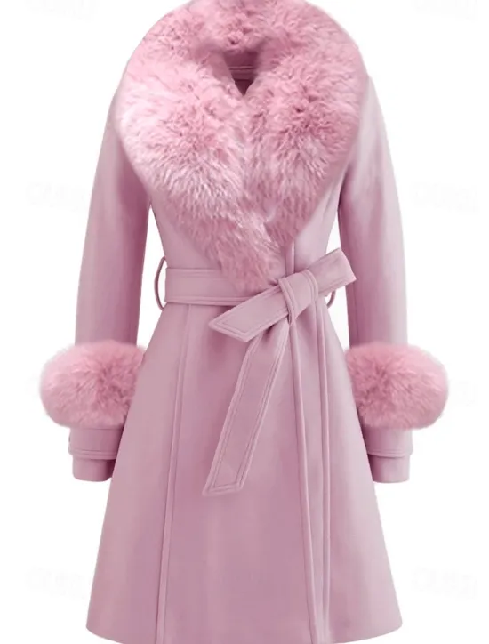 New Women's Winter Coat Warm Comfortable With Belt Fur Collar Elegant Fashion Modern Street Style Solid Color Vacation Street Casual Daily Weekend Open Front Long Lapel Regular Fit Long Sleeve Outerwear Women Coats & Trench Coats