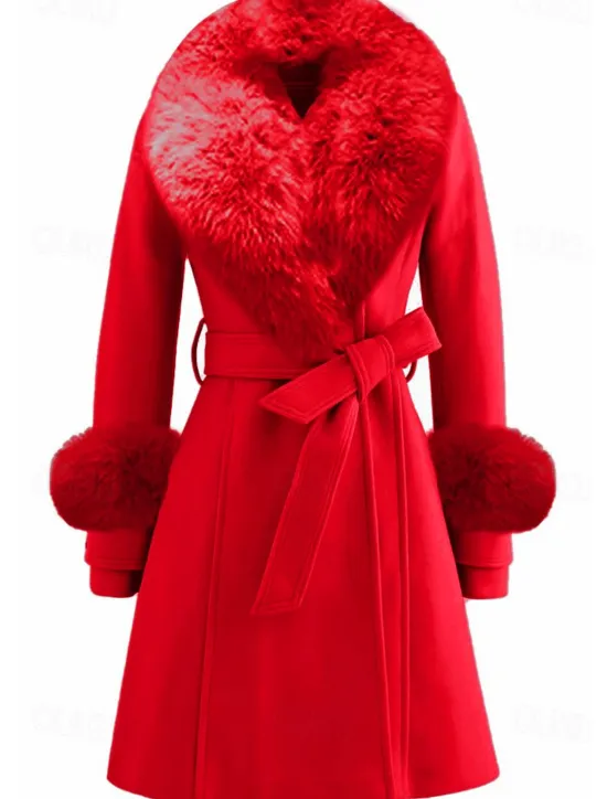 New Women's Winter Coat Warm Comfortable With Belt Fur Collar Elegant Fashion Modern Street Style Solid Color Vacation Street Casual Daily Weekend Open Front Long Lapel Regular Fit Long Sleeve Outerwear Women Coats & Trench Coats