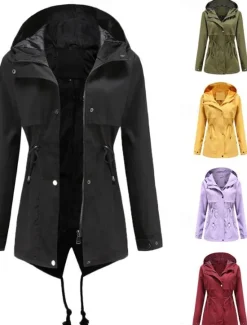 Women's Winter Coat Waterproof Windproof Zipper Outdoor Solid Color Work Casual Zipper Hoodie Loose Fit Long Sleeve Outerwear Black Yellow Red Winter Women Jackets