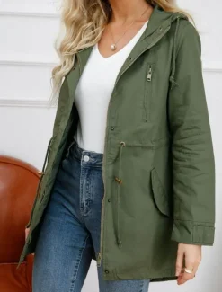 Online Women's Winter Coat Waterproof Windproof Zipper Outdoor Solid Color Work Casual Zipper Hoodie Loose Fit Long Sleeve Outerwear Black Green Khaki Winter Women Jackets