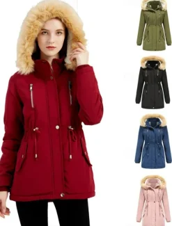 Women's Winter Coat Windproof Warm Zipper Buttons Outdoor Solid Color Work Casual Single Breasted Hoodie Loose Fit Long Sleeve Outerwear Black Pink Wine Winter Women Puffers & Parka