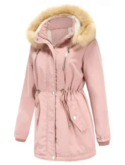 Women's Winter Coat Windproof Warm Zipper Buttons Outdoor Solid Color Work Casual Single Breasted Hoodie Loose Fit Long Sleeve Outerwear Black Pink Wine Winter Women Puffers & Parka