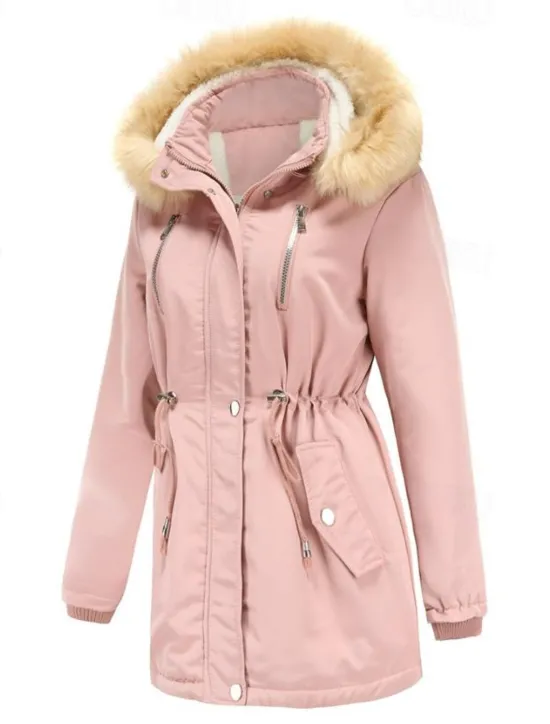 Women's Winter Coat Windproof Warm Zipper Buttons Outdoor Solid Color Work Casual Single Breasted Hoodie Loose Fit Long Sleeve Outerwear Black Pink Wine Winter Women Puffers & Parka