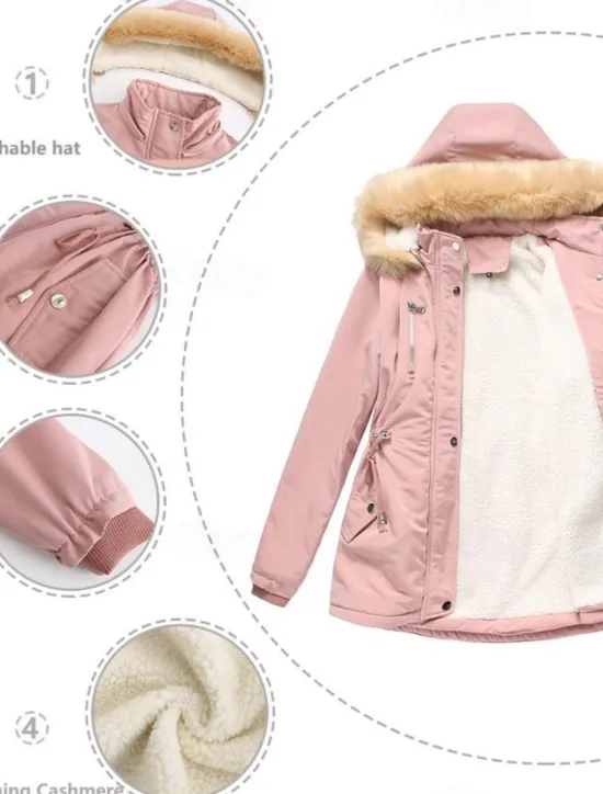 Women's Winter Coat Windproof Warm Zipper Buttons Outdoor Solid Color Work Casual Single Breasted Hoodie Loose Fit Long Sleeve Outerwear Black Pink Wine Winter Women Puffers & Parka