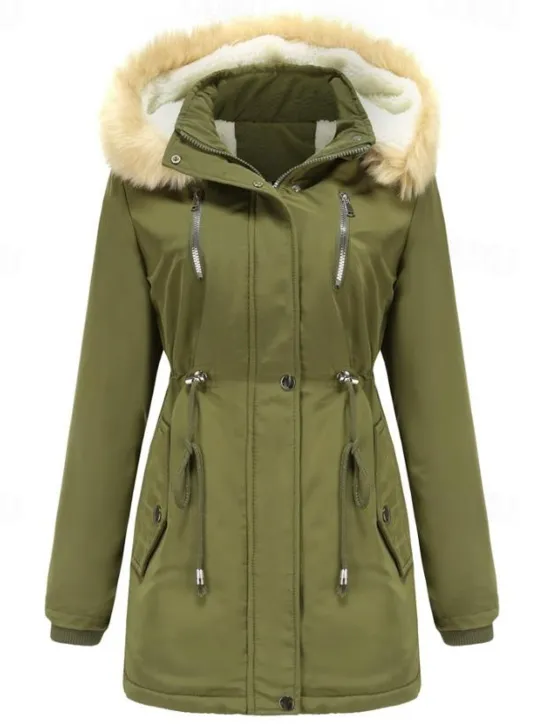 Women's Winter Coat Windproof Warm Zipper Buttons Outdoor Solid Color Work Casual Single Breasted Hoodie Loose Fit Long Sleeve Outerwear Black Pink Wine Winter Women Puffers & Parka
