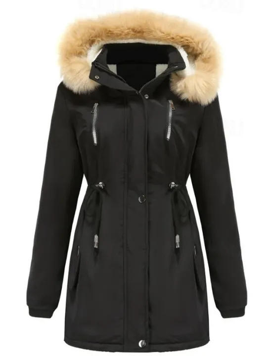 Women's Winter Coat Windproof Warm Zipper Buttons Outdoor Solid Color Work Casual Single Breasted Hoodie Loose Fit Long Sleeve Outerwear Black Pink Wine Winter Women Puffers & Parka