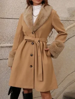 Hot Women's Winter Coat Windproof Warm Buttons With Belt Fur Collar Elegant Outdoor Solid Color Work Casual Single Breasted Turndown Loose Fit Long Sleeve Outerwear Khaki Apricot Fall Winter Women Coats & Trench Coats