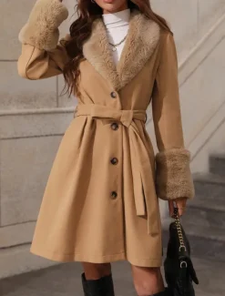 Hot Women's Winter Coat Windproof Warm Buttons With Belt Fur Collar Elegant Outdoor Solid Color Work Casual Single Breasted Turndown Loose Fit Long Sleeve Outerwear Khaki Apricot Fall Winter Women Coats & Trench Coats