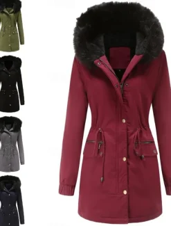 Outlet Women's Winter Coat Windproof Warm Zipper Buttons Outdoor Solid Color Work Casual Single Breasted Hoodie Loose Fit Long Sleeve Outerwear Navy Red Green Winter Women Puffers & Parka