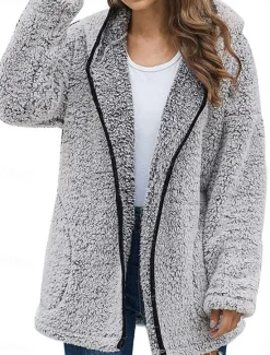 Best Women's Winter Coat Winter Jacket Fleece Jacket Outdoor Street Daily Fall Winter Regular Coat Regular Fit Warm Breathable Comtemporary Stylish Jacket Long Sleeve Solid Color Oversize Black Light Grey Women Coats & Trench Coats