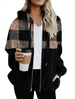Discount Women's Winter Coat Winter Jacket Teddy Coat Hoodie Jacket Outdoor Street Daily Fall Winter Regular Coat Regular Fit Warm Breathable Comtemporary Stylish Jacket Long Sleeve Stripes and Plaid with Women Jackets