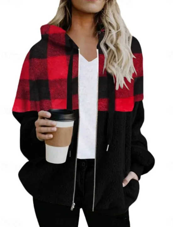 Discount Women's Winter Coat Winter Jacket Teddy Coat Hoodie Jacket Outdoor Street Daily Fall Winter Regular Coat Regular Fit Warm Breathable Comtemporary Stylish Jacket Long Sleeve Stripes and Plaid with Women Jackets