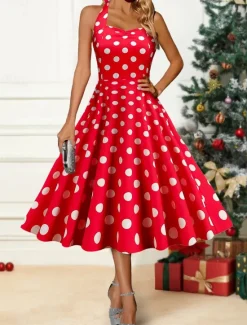 Discount Women's Winter Dress Polka Dot Backless Print Halter Neck Midi Dress Party Date Sleeveless Fall Winter Women Cocktail Dress