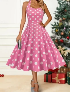 Discount Women's Winter Dress Polka Dot Backless Print Halter Neck Midi Dress Party Date Sleeveless Fall Winter Women Cocktail Dress