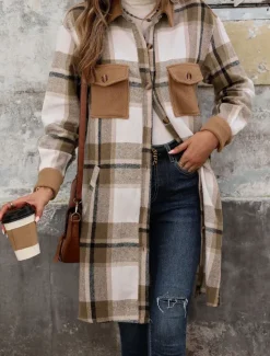 Sale Women's Winter Jacket Coat Outdoor Street Daily Wear Fall Winter Long Coat Regular Fit Thermal Warm Breathable Stylish Casual Jacket Long Sleeve Stripes and Plaid with Pockets Print Wine Coffee Gray Women Coats & Trench Coats