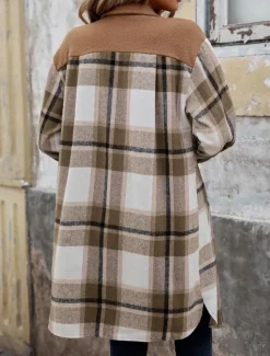 Sale Women's Winter Jacket Coat Outdoor Street Daily Wear Fall Winter Long Coat Regular Fit Thermal Warm Breathable Stylish Casual Jacket Long Sleeve Stripes and Plaid with Pockets Print Wine Coffee Gray Women Coats & Trench Coats