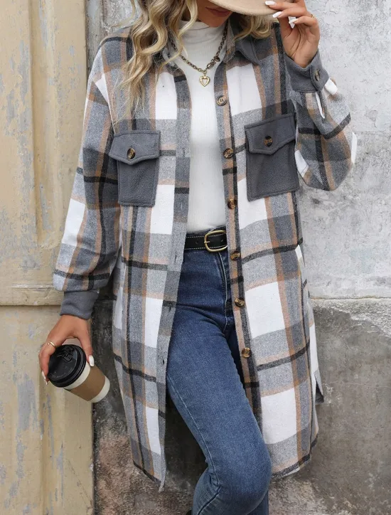 Sale Women's Winter Jacket Coat Outdoor Street Daily Wear Fall Winter Long Coat Regular Fit Thermal Warm Breathable Stylish Casual Jacket Long Sleeve Stripes and Plaid with Pockets Print Wine Coffee Gray Women Coats & Trench Coats