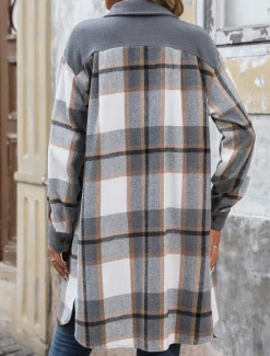 Sale Women's Winter Jacket Coat Outdoor Street Daily Wear Fall Winter Long Coat Regular Fit Thermal Warm Breathable Stylish Casual Jacket Long Sleeve Stripes and Plaid with Pockets Print Wine Coffee Gray Women Coats & Trench Coats