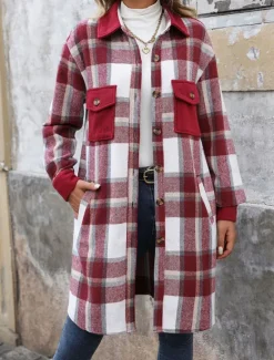 Sale Women's Winter Jacket Coat Outdoor Street Daily Wear Fall Winter Long Coat Regular Fit Thermal Warm Breathable Stylish Casual Jacket Long Sleeve Stripes and Plaid with Pockets Print Wine Coffee Gray Women Coats & Trench Coats