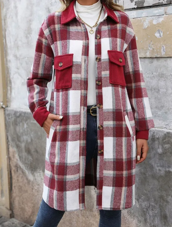 Sale Women's Winter Jacket Coat Outdoor Street Daily Wear Fall Winter Long Coat Regular Fit Thermal Warm Breathable Stylish Casual Jacket Long Sleeve Stripes and Plaid with Pockets Print Wine Coffee Gray Women Coats & Trench Coats